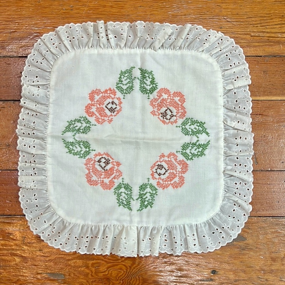Vintage Cross Stitch pillow cover handmade White with eyelet trim pillow cover.